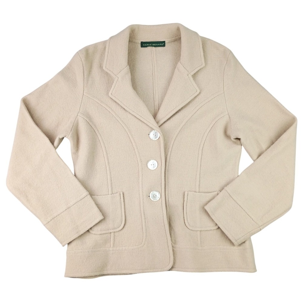 Harve Benard Womens L Wool Blazer Jacket Classic Beige Neutral Soft Cozy